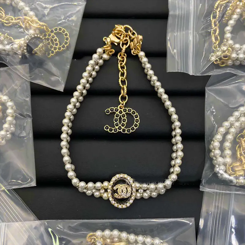 Pearl Inlaid Double C Necklace New Star Knit Clavicle Chain Grandma Style Pearlescent Choker