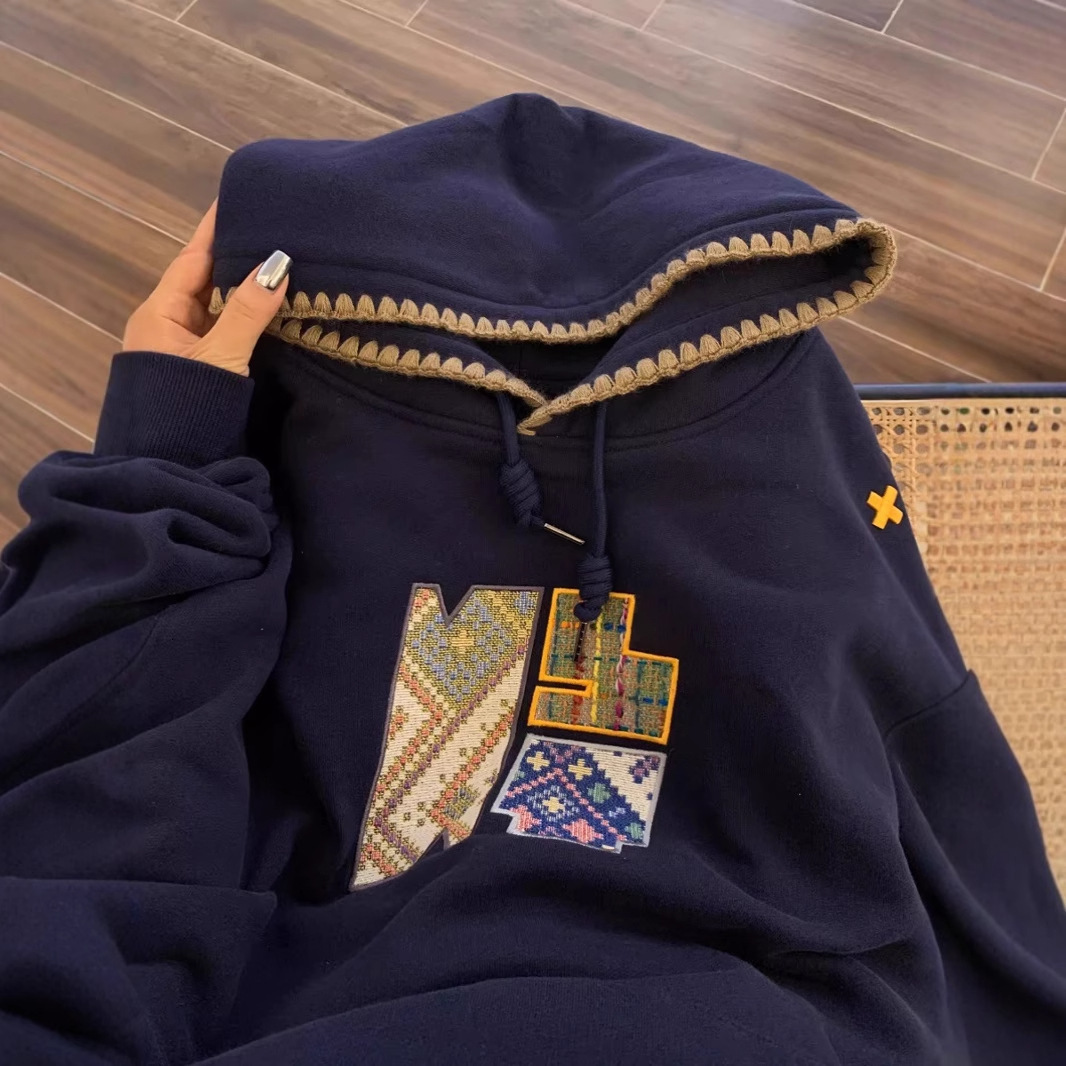 American Heavy Embroidery Navy Blue Hooded Sweatshirt Unisex Spring Autumn Designer Shirt New Designer Hoodie Versatile Loose Couple Jacket Trendy