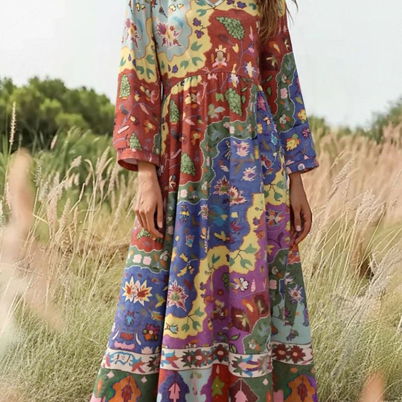 Women's Autumn New Plant Print V - Neck Long Sleeve Maxi Dress - Fashion Vacation Milk Silk Dress-CF51105