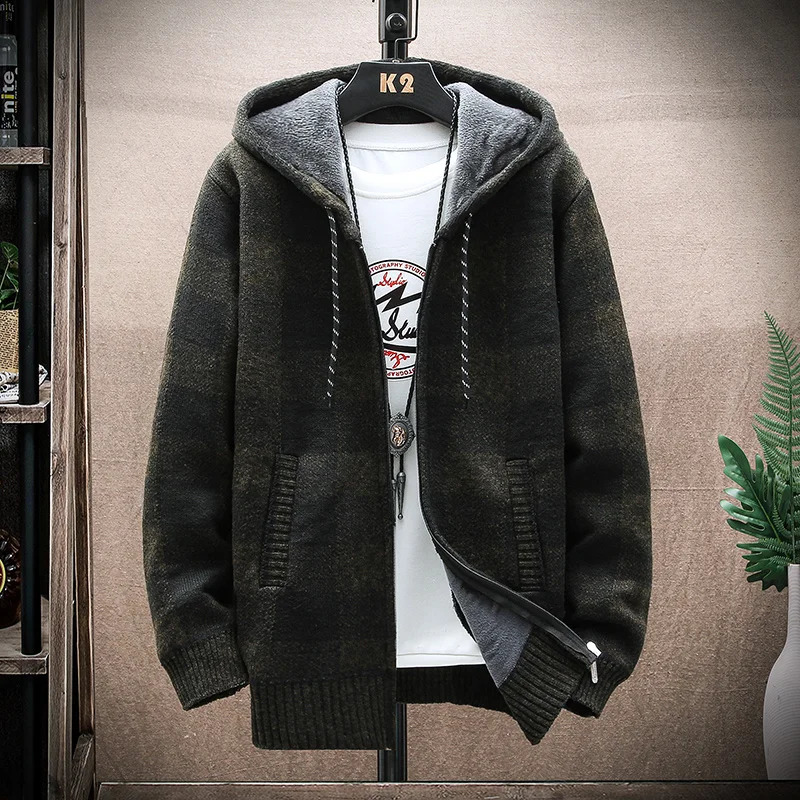 Mens Winter Plaid Sweater Hooded Cardigan Cold Coat Wool Zipper Jacket Autumn Fleece Warm Clothes Checkered Knit Jumper 2501008