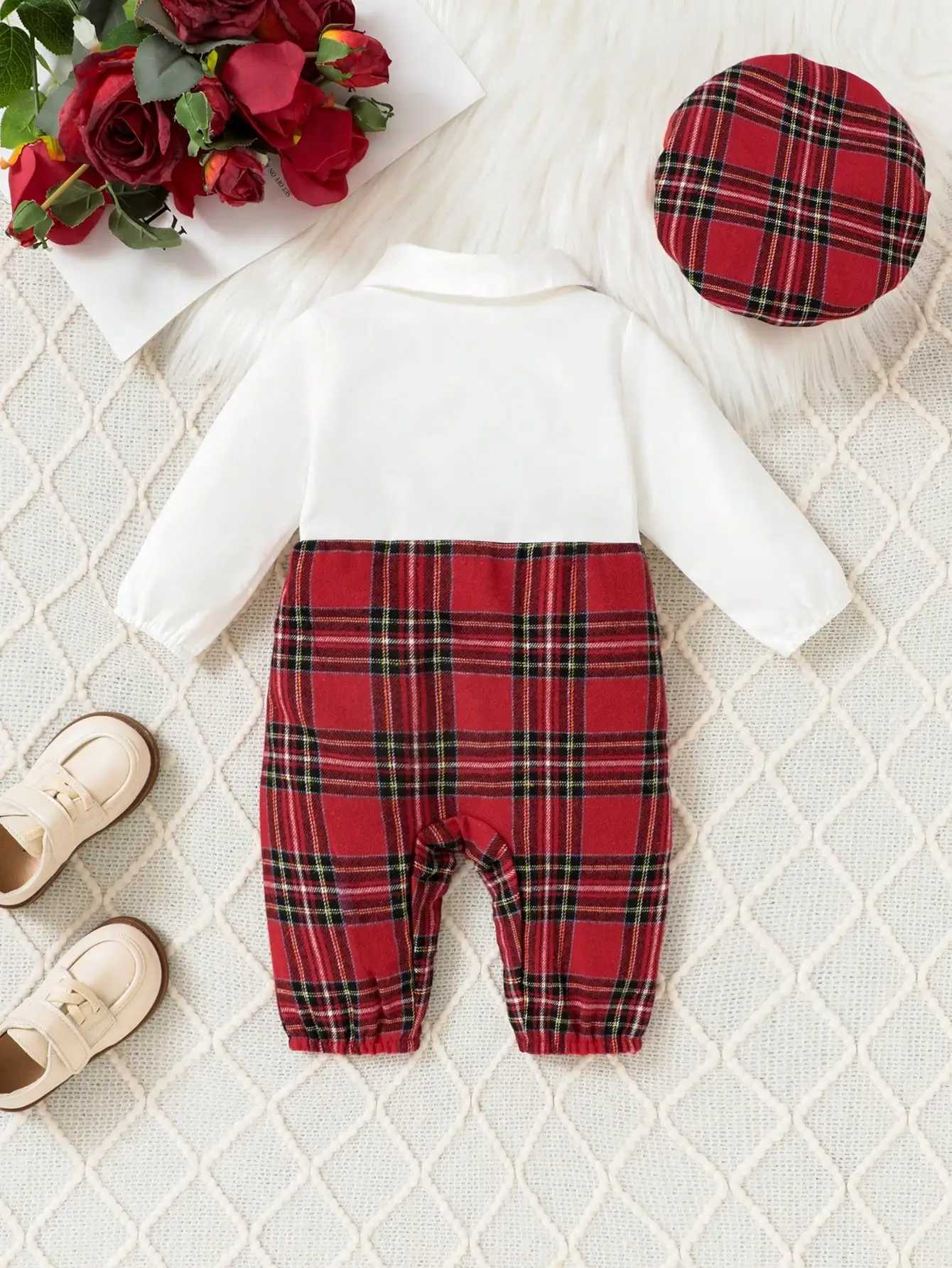Gentleman Style Autumn Fashion 124m Baby Boys Onesie Red Plaid Small Bow Tie Color Contrast Breasted Lapel LongSleeved Onesie C251009