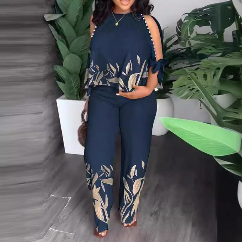 VONDA Womens Fashion Pants Set Summer Cold Shoulder Casual Loose 3/4 Sleeve Top Retro Printed Bohemian Set 241230