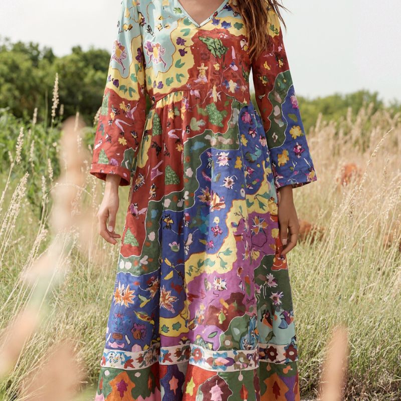 Women's Autumn New Plant Print V - Neck Long Sleeve Maxi Dress - Fashion Vacation Milk Silk Dress-CF51105