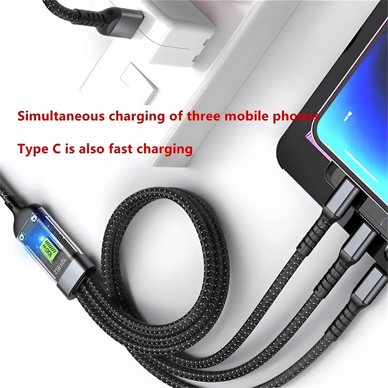 100W 3 In 1 Transparent Pilot Lamp Super Fast Charging Cable 6A Universal with Type C Usb Micro for Samsung Huawei Xiaomi IiPhone 17 16 15 14 13 12 Pr