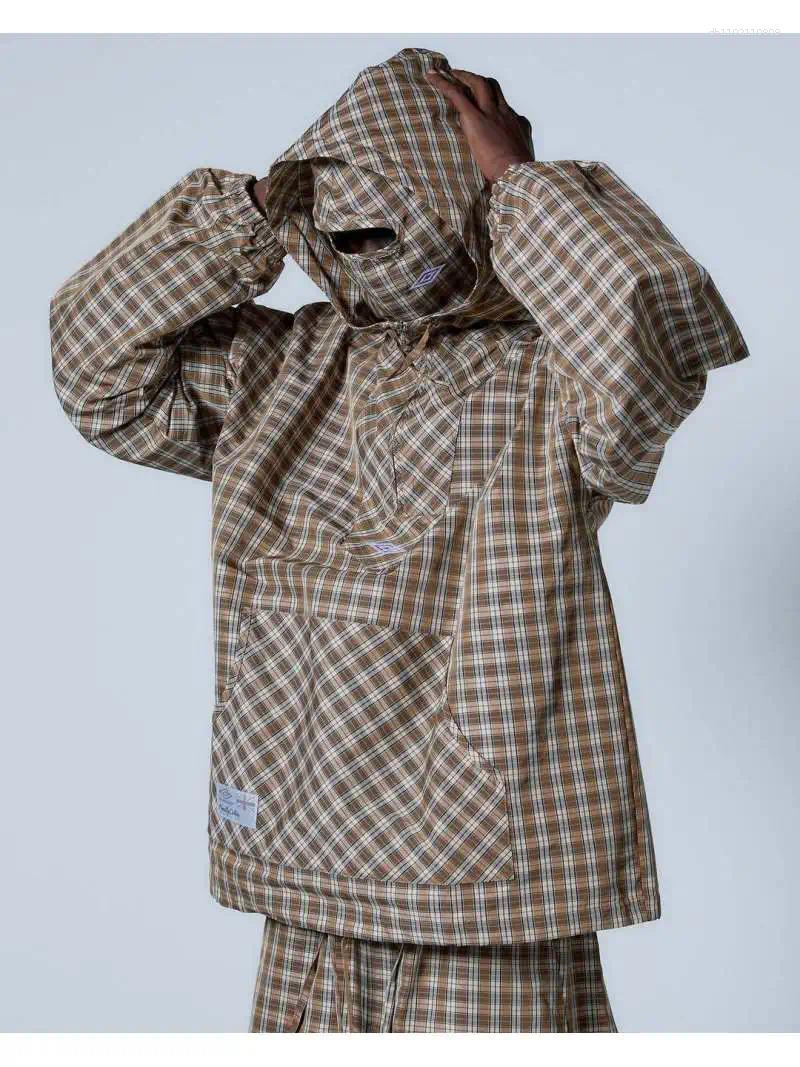 Men's Hoodies 2025 Japanese Retro Half Open Collar Hoodie For Men And Women Youth Checkered Double Hat