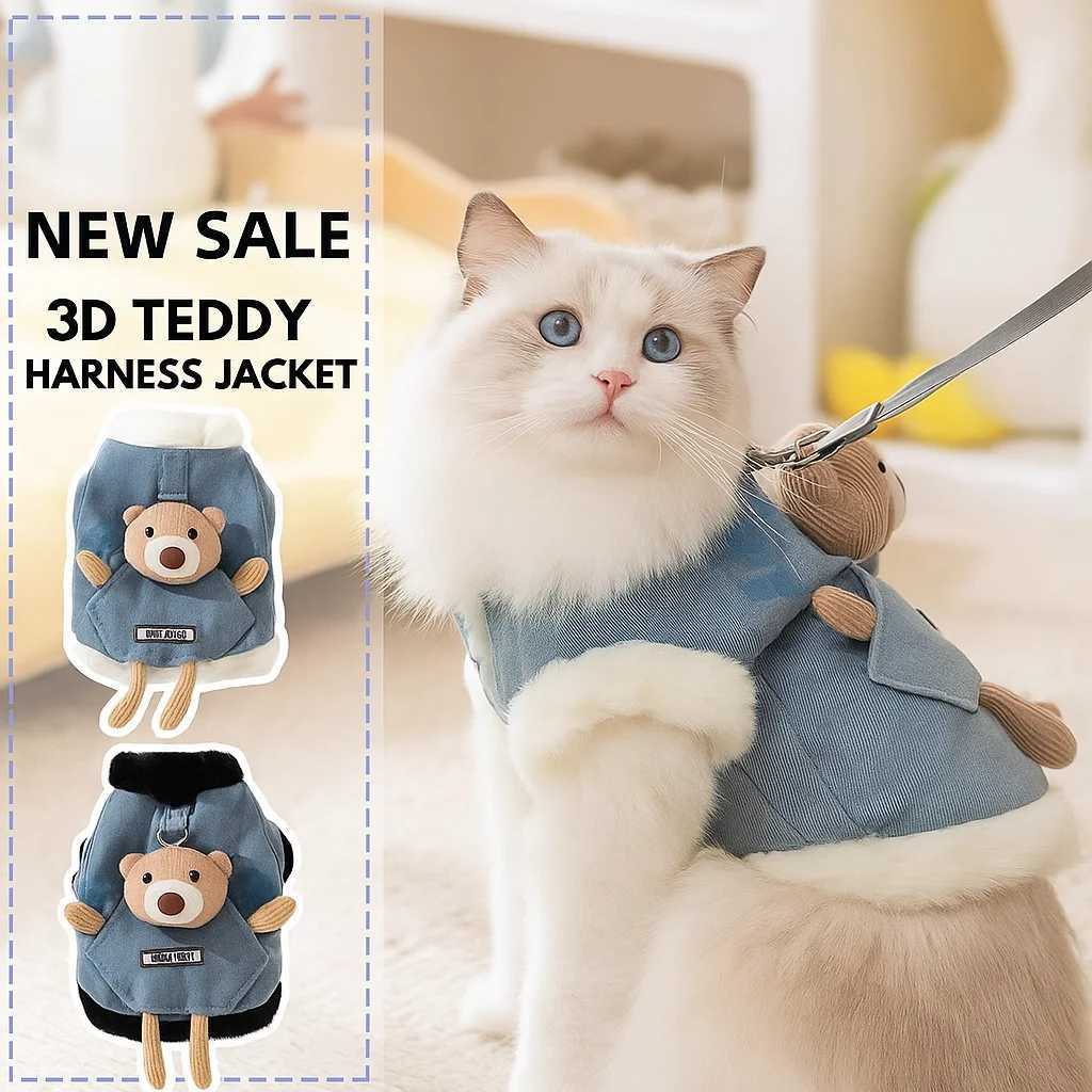Cat autumn and winter thickened warm pocket threedimensional bear denim traction vest small dog pet clothes C251009