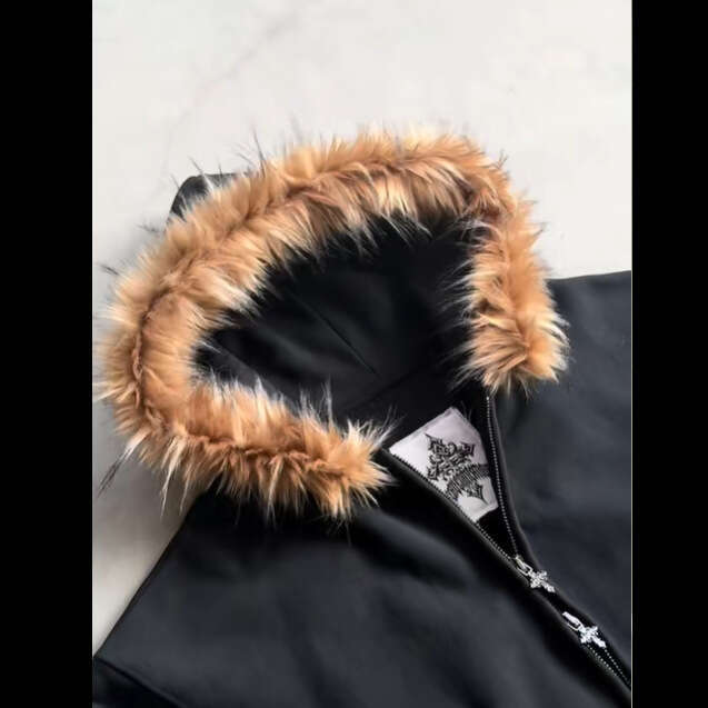 Solid Color Fur Collar Zipper Hoodie Unisex Loose Versatile Sweatshirt Streetwear Top