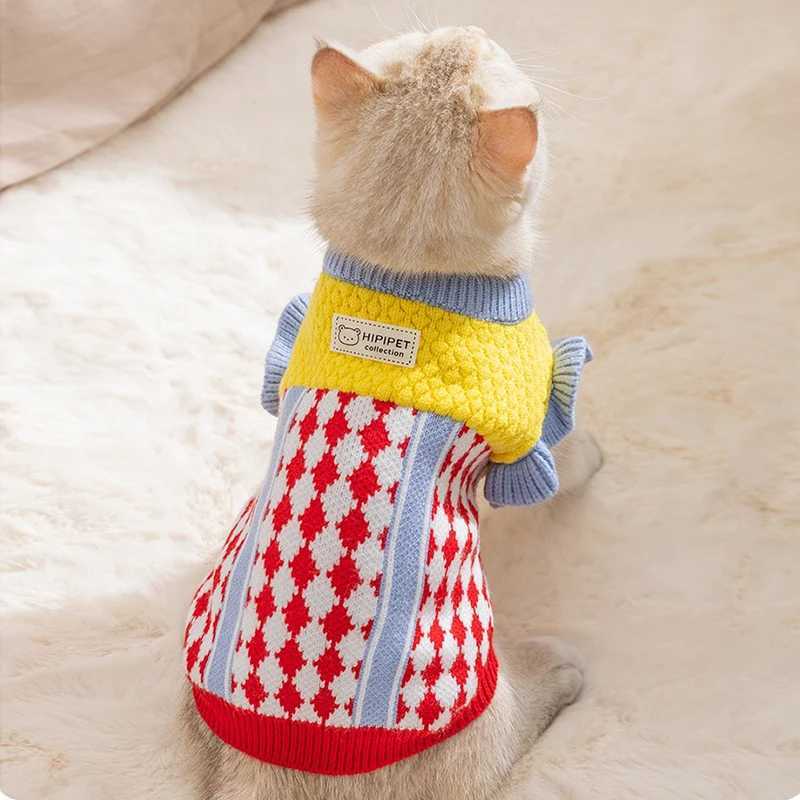 Diamond Grid Solid Cat Sweaters Warm Wool Knitting Winter Sphinx Small Dogs Clothing Ruffle Sleeve Female Girl Puppy Overalls C251009