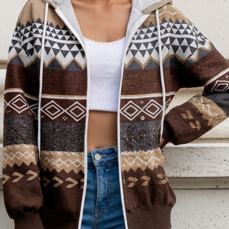 Women's Autumn Winter Ethnic Geometric Print Zip - Up Hooded Jacket - Casual Fashion Outerwear-CF24589