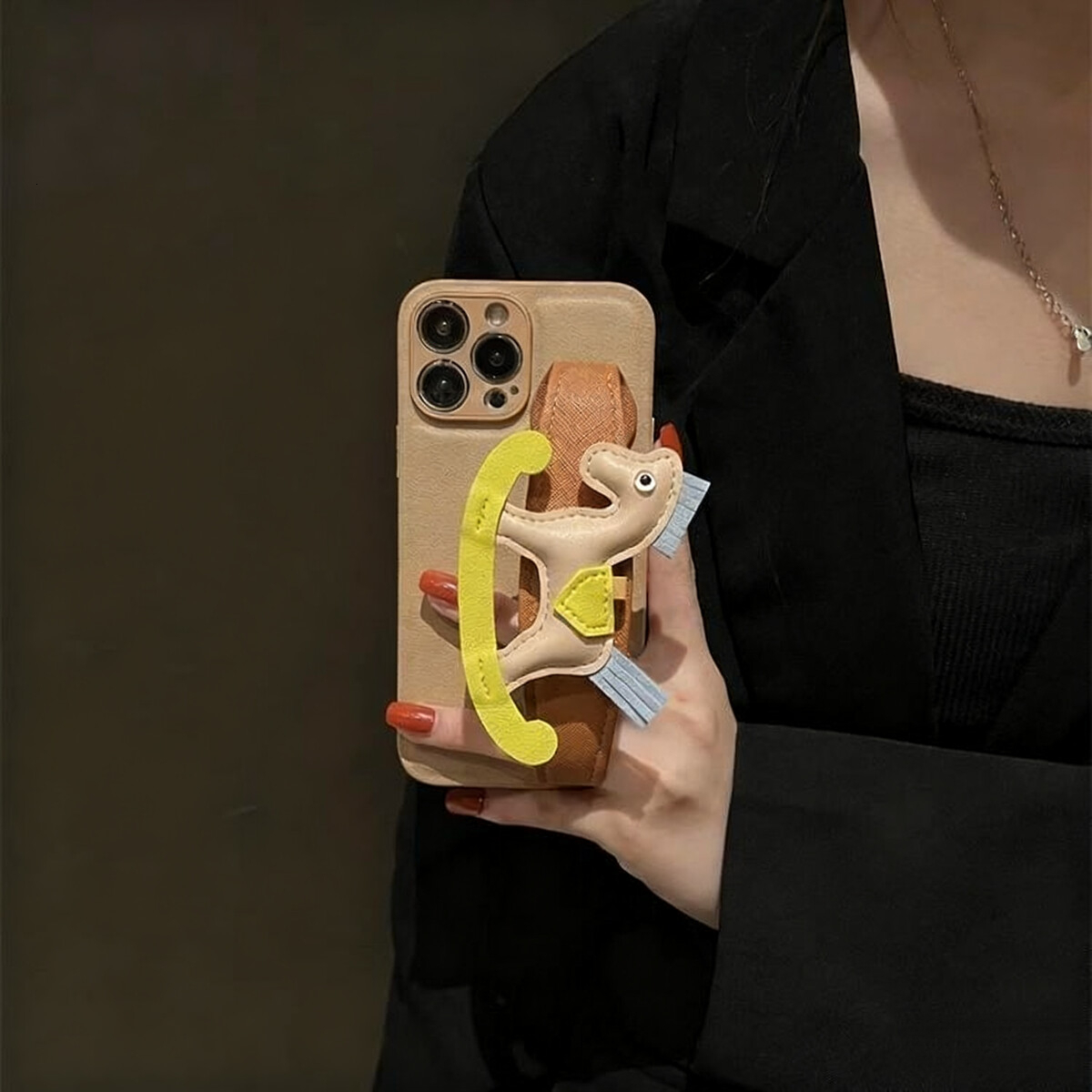 High-end Leather Little Wooden Horse Wrist Strap Case for iPhone17 Pro Max with leather rope,for iPhone 16 Pro Max Case Design Soft Bumper Protective 