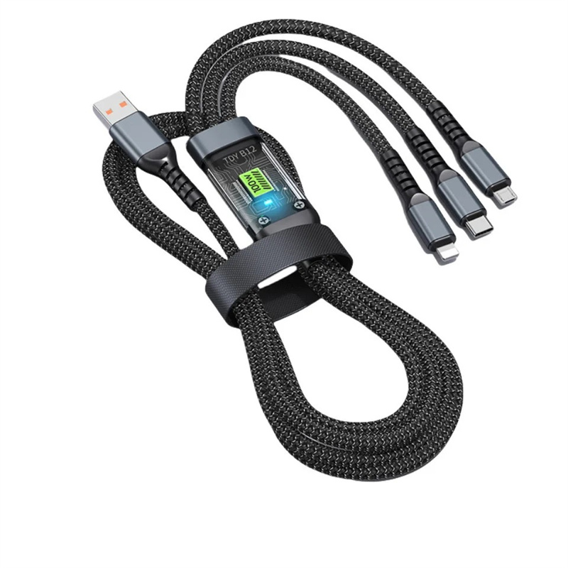 100W 3 In 1 Transparent Pilot Lamp Super Fast Charging Cable 6A Universal with Type C Usb Micro for Samsung Huawei Xiaomi IiPhone 17 16 15 14 13 12 Pr