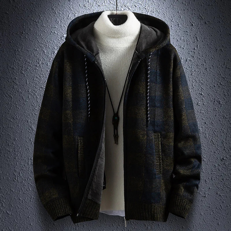 Winter Thick Cardigan Mens Sweater Zipper Striped Hooded Fashion Warm Slim fit Knitted Male Fleece Hoodies Coats men 2501008