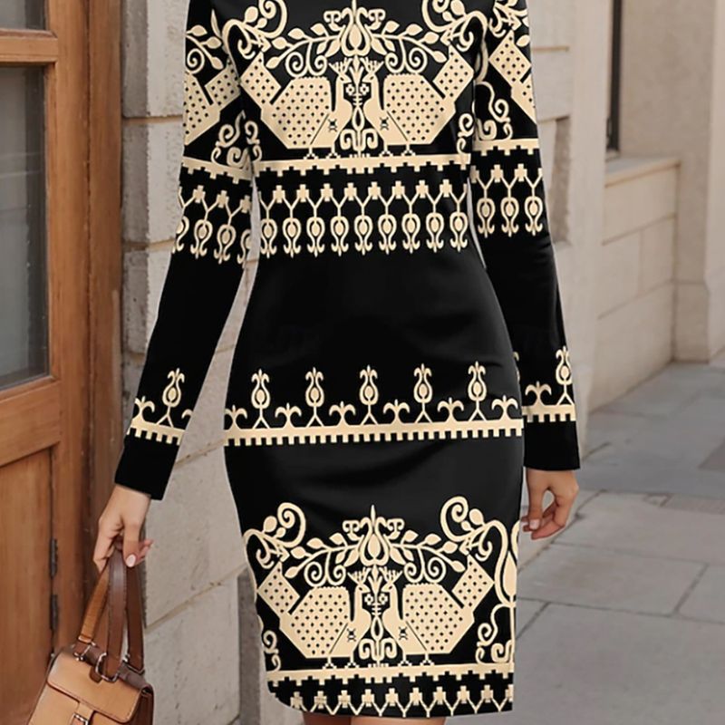 Women's Vintage Floral Bodycon Dress - Sexy Mature Milk Silk Long Sleeve Mini Dress-CF51167