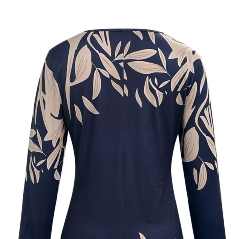 Women's Autumn Winter Plant Print Long Sleeve Dress - Elegant Commute V - Neck Milk Silk Dress-CF52792