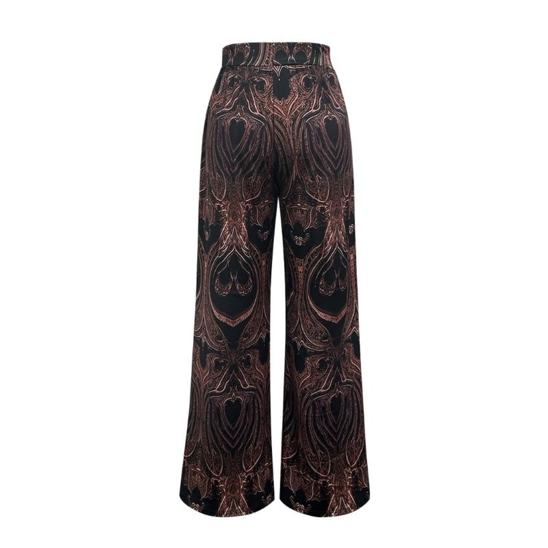 Women's Autumn Winter Ethnic Floral Print Wide - Leg Pants - Loose Elastic Waist Casual Trousers-CF55028