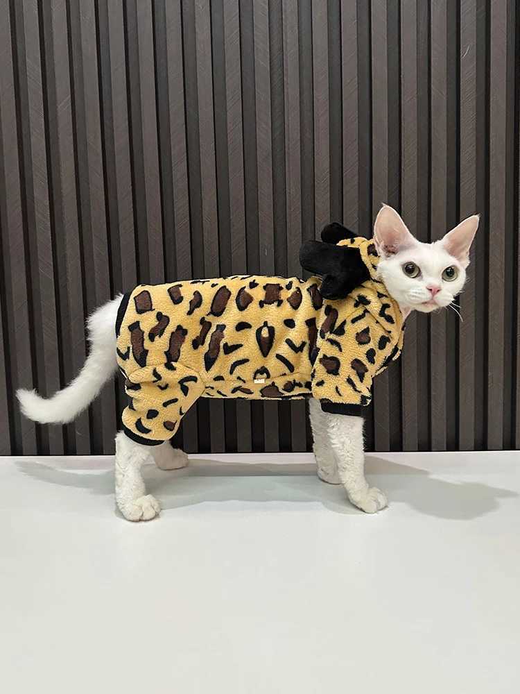 Cat Clothes Winter Warm Fleece Leopard Pattern hooded Sweatshirt for Sphynx thick Costume for Kittens Soft Coat for Devon C251009