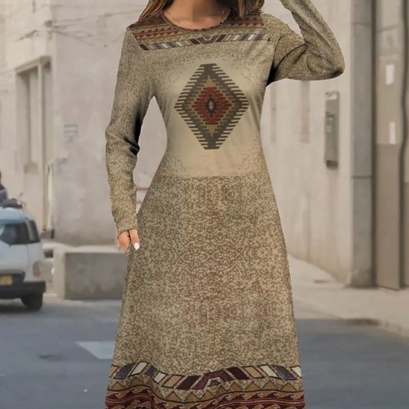 Women's Autumn Vintage Floral Print Long Sleeve Midi Dress - Versatile Casual Khaki Dress-CF40536