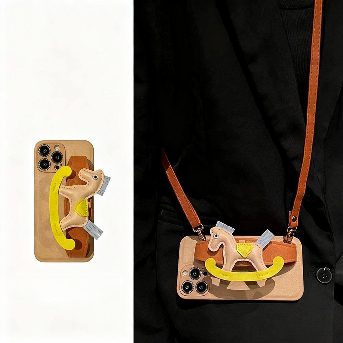 High-end Leather Little Wooden Horse Wrist Strap Case for iPhone17 Pro Max with leather rope,for iPhone 16 Pro Max Case Design Soft Bumper Protective 