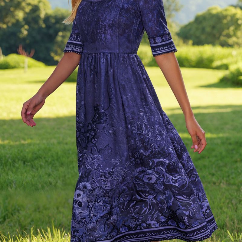 Women's Spring Autumn Floral Print Half - Sleeve Midi Dress - Elegant Vacation Milk Silk Dress-CF50887