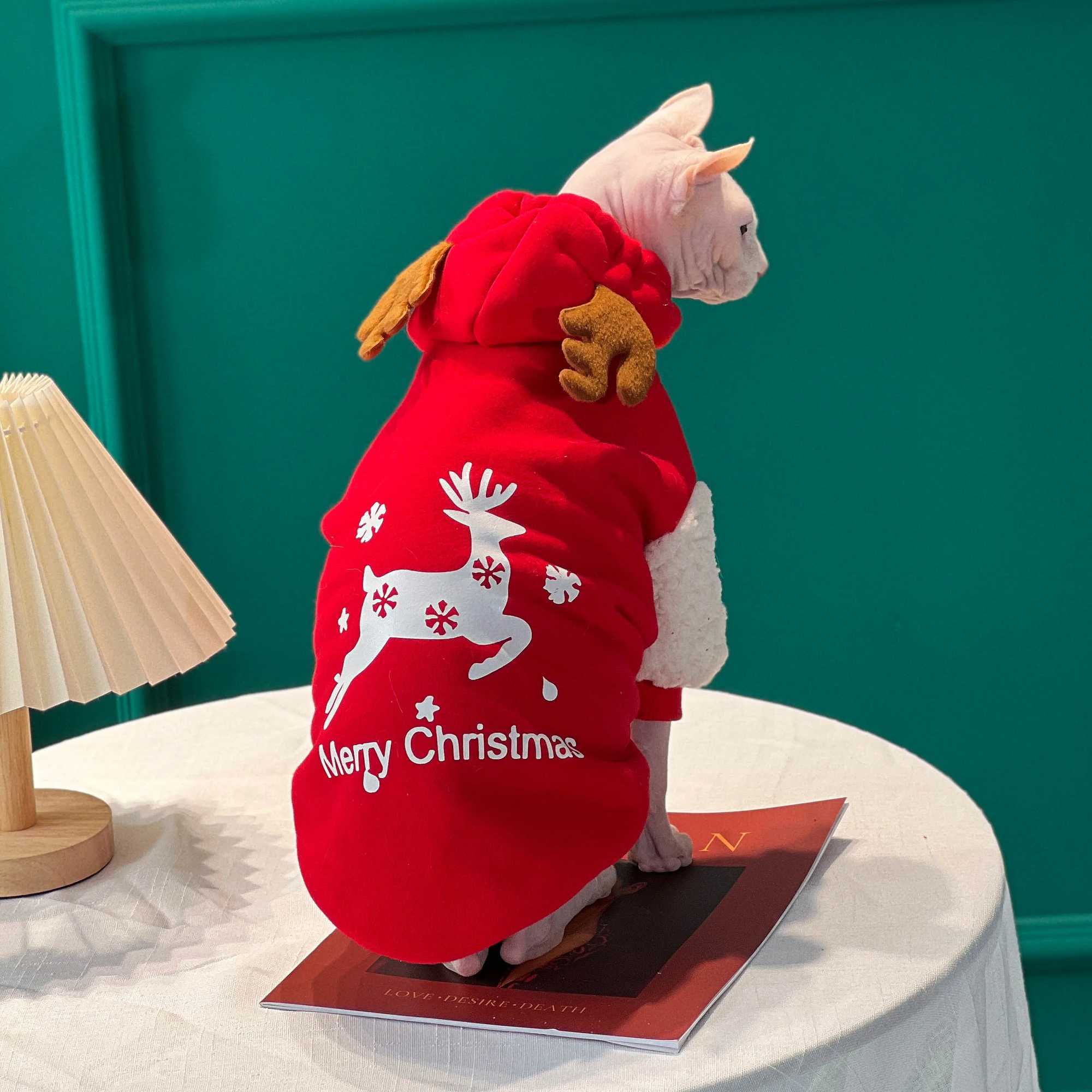 New Christmas Snow Clothes with Antler Hat for Sphynx Cat Warm Sweater for Hairless Cat Winter Coat Fleece Jacket for Devon Rex C251009