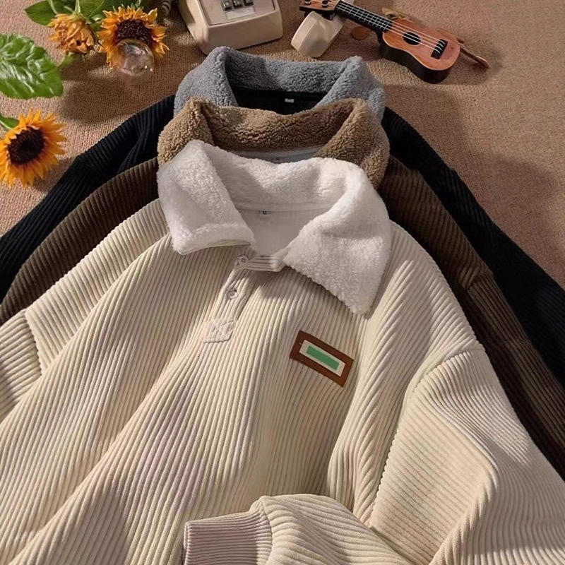 Corduroy Polo Collar Sweatshirt Designer Hoodie For Men Autumn Designer Shirt And Winter Style Fleece-lined Thickened Lamb Wool Top Youth Turn-down Collar Jacket