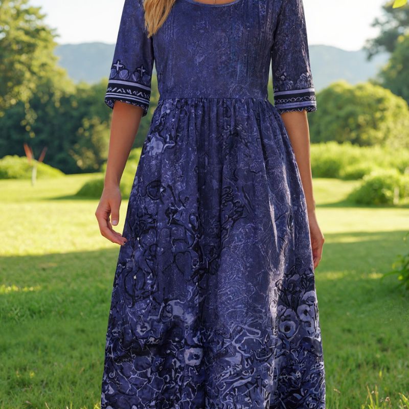 Women's Spring Autumn Floral Print Half - Sleeve Midi Dress - Elegant Vacation Milk Silk Dress-CF50887