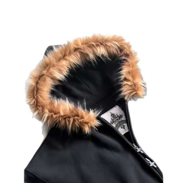 Solid Color Fur Collar Zipper Hoodie Unisex Loose Versatile Sweatshirt Streetwear Top