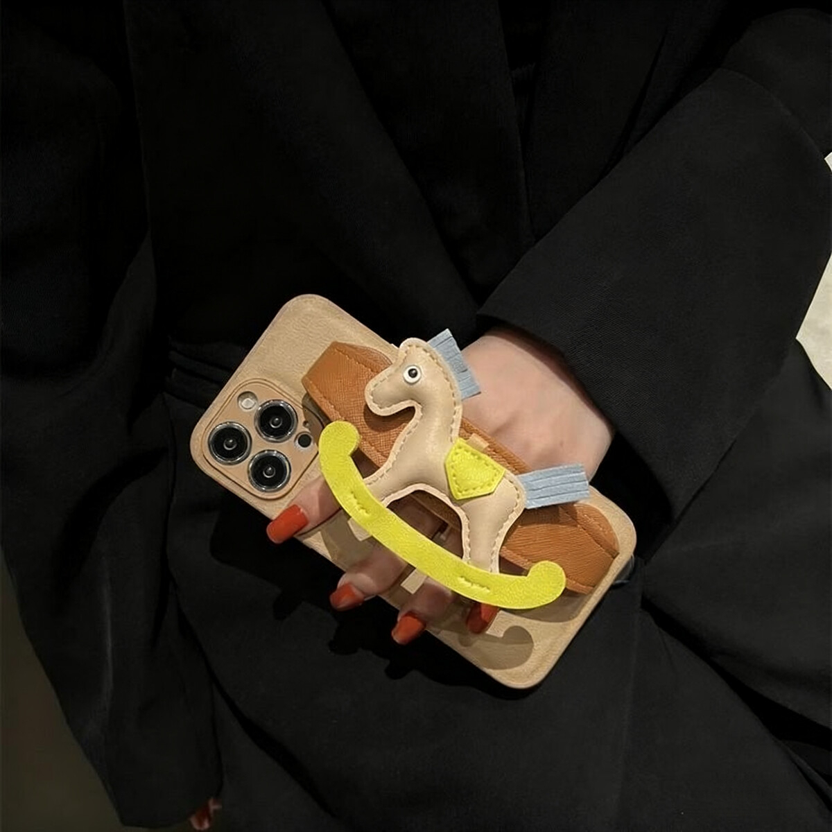 High-end Leather Little Wooden Horse Wrist Strap Case for iPhone17 Pro Max with leather rope,for iPhone 16 Pro Max Case Design Soft Bumper Protective 