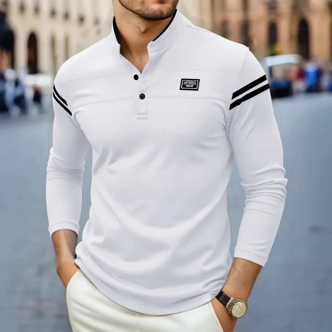 2025 Mens Casual Fashion Solid Color Long Sleeved Polo Shirt Stand Up Collar Versatile Comfortable Top251009