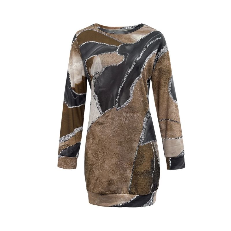 Women's Autumn Winter Marble Print Sweatshirt Dress - Elegant Commute Retro Printed Dress-CF41303