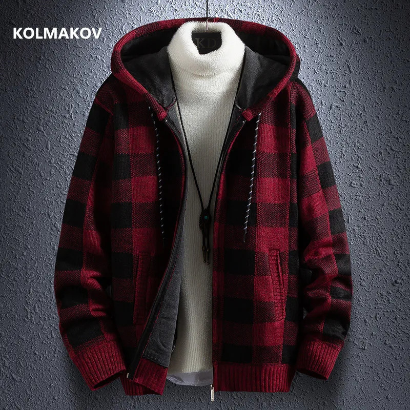 Winter Thick Cardigan Mens Sweater Zipper Striped Hooded Fashion Warm Slim fit Knitted Male Fleece Hoodies Coats men 2501008