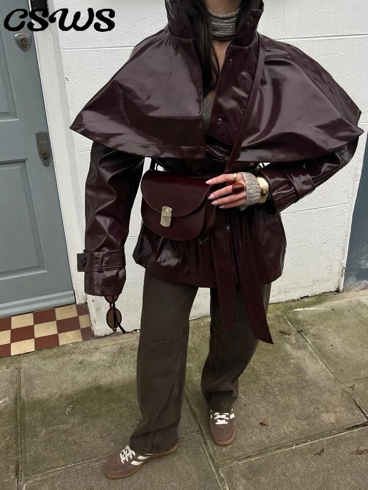 Women's Jackets Chic Cape Lace Up PU Women Solid Stand Collar Full Sleeves Closed Waist Coats Female 2025 Street Autumn Lady Outwears