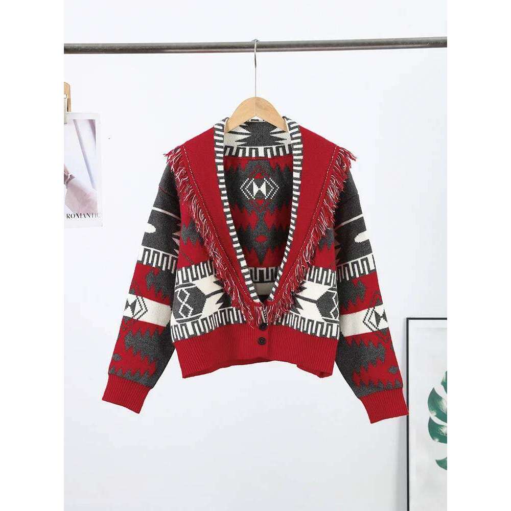 Tassel Patchwork Printed Cardigan Women Turn-down Collar Long Sleeve Knitted Fashion Lady Sweater Vintage 2025 Autumn Cardigans