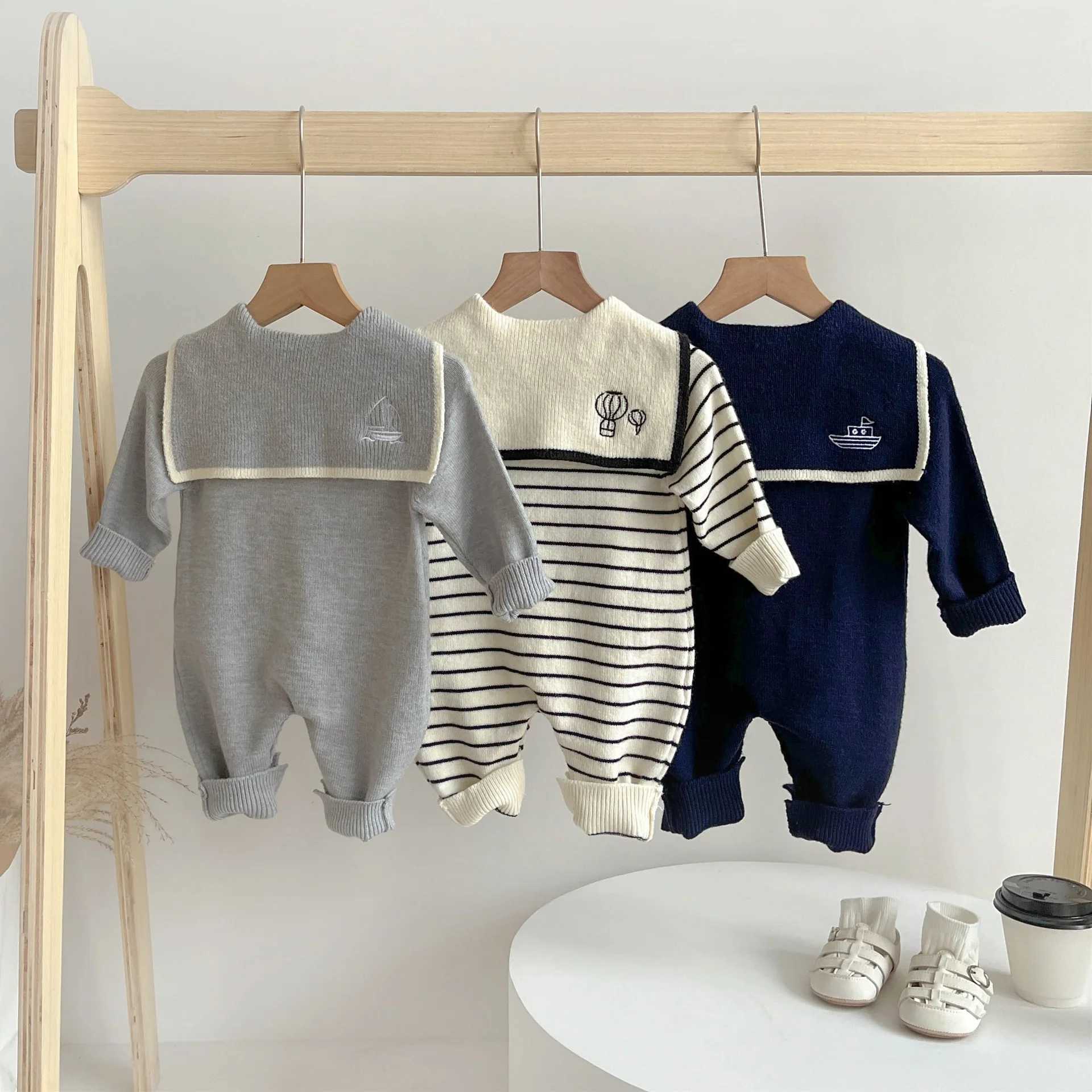 2025 Autumn New Baby Sailor Collar Long Sleeve Knitted Romper Infant Boy Girl Casual Striped Jumpsuit Newborn Toddler Clothes C251009