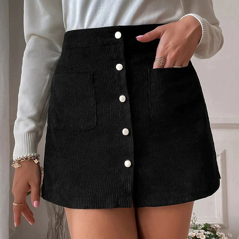 Vintage Corduroy Skirts for Women Slim Fit Single Breasted Woman Spring Autumn Korean Pockets Solid Color Mini Skirt Lady 251009