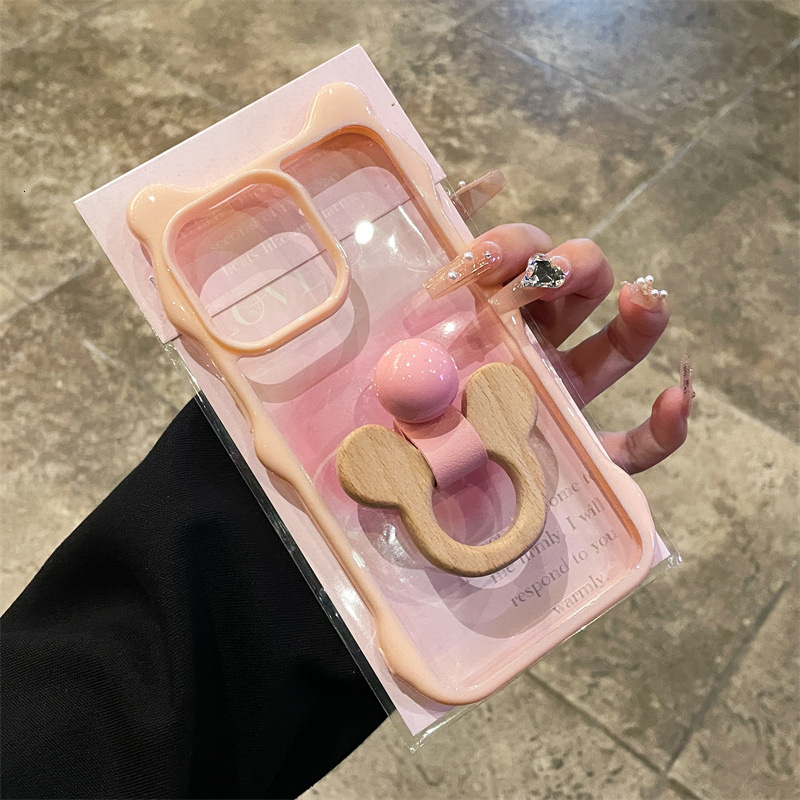 Fashion Cute Cartoon 3D Cat Ears Wooden Horse Ring Holder Clear Transparent Wavy Frame Soft TPU Case Compatible with iPhone 16 Pro Max