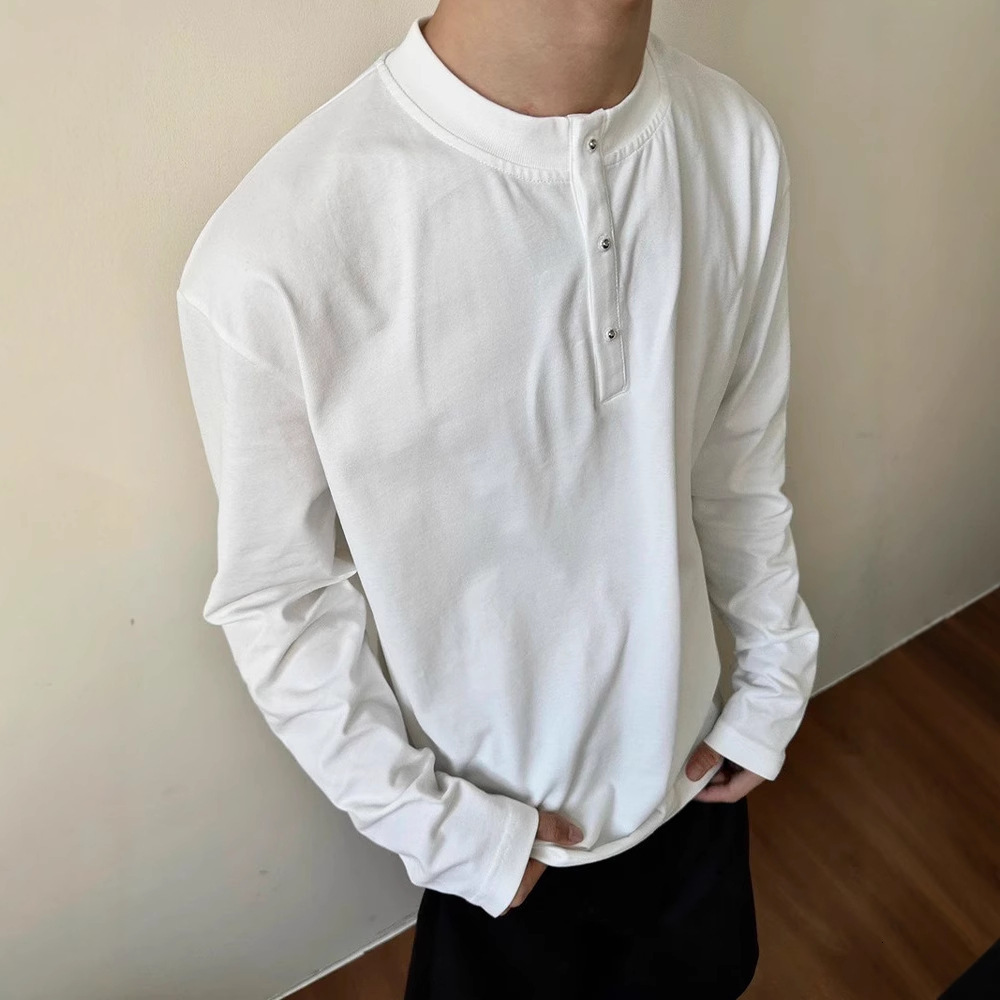 Designer Hoodie Light Gray American Style Henley Collar Long Sleeve Men's Spring And Autumn Designer Shirt High-end Silhouette T-shirt Cleanfit S