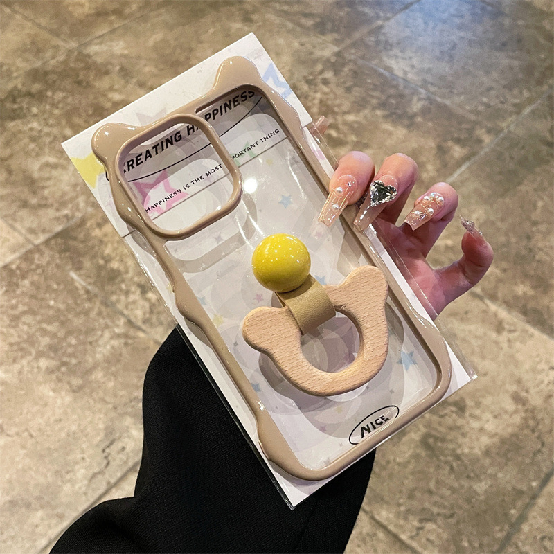 Fashion Cute Cartoon 3D Cat Ears Wooden Horse Ring Holder Clear Transparent Wavy Frame Soft TPU Case Compatible with iPhone 16 Pro Max