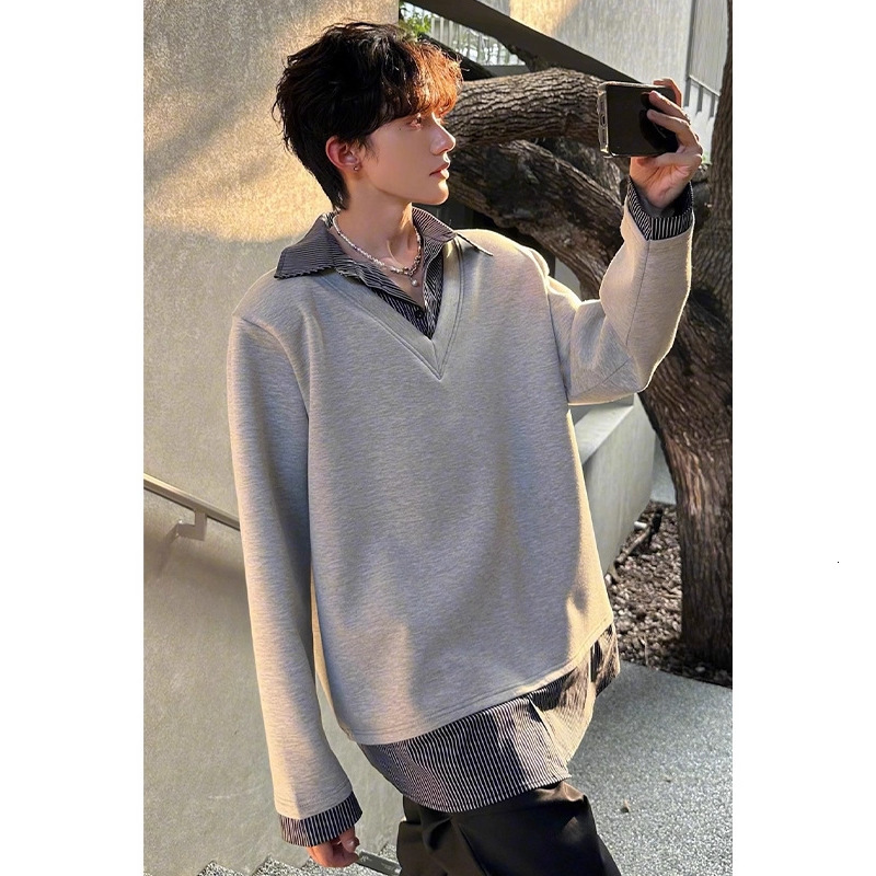 Gray Polo Sweatshirt Designer Shirt For Men Autumn Cleanfit Shirt Patchwork Designer Hoodie Long Sleeve T-shirt College Style Top