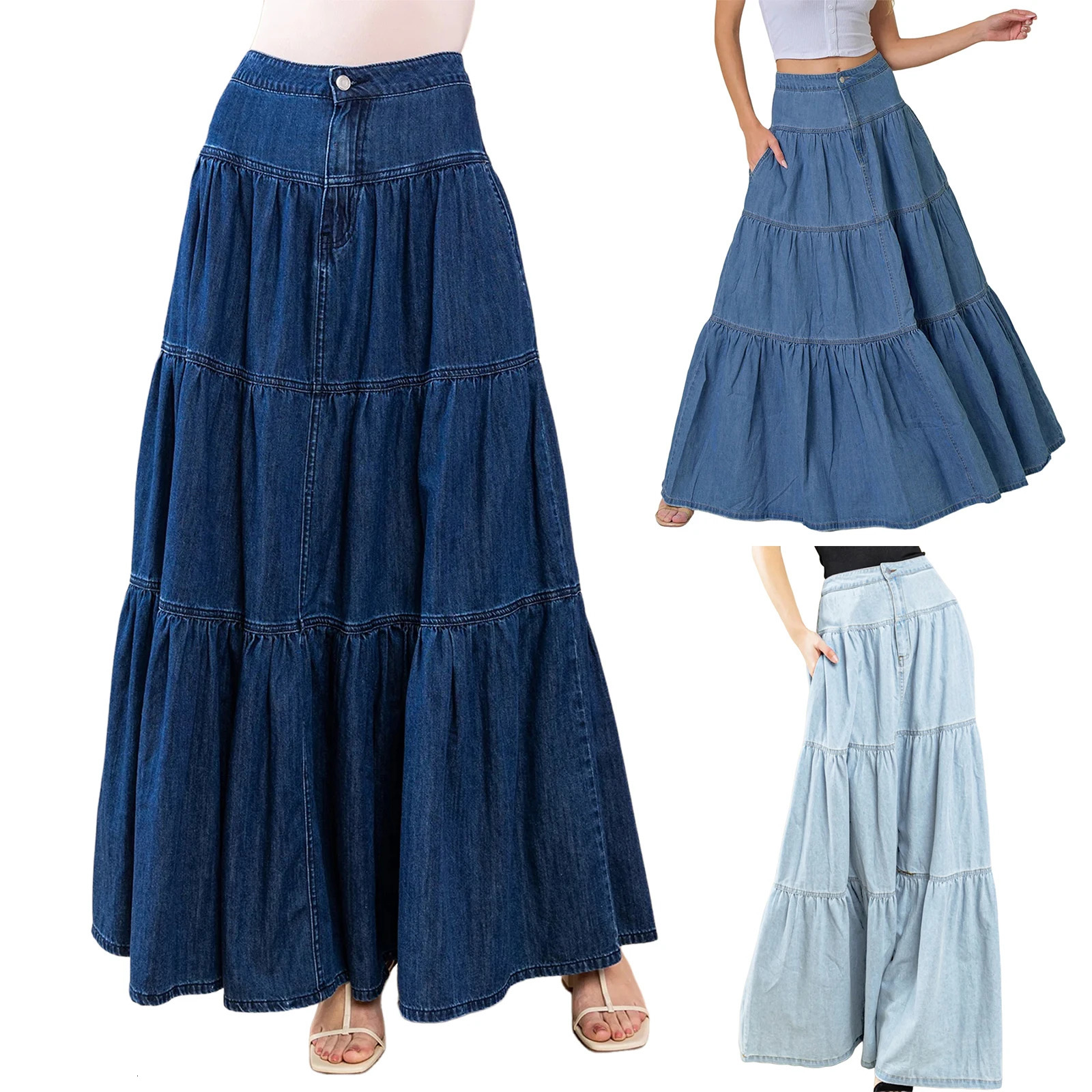 2025 Fashion Womens Denim Long Skirt Stylish Solid High Waist ALine Jean for Summer Spring 250922