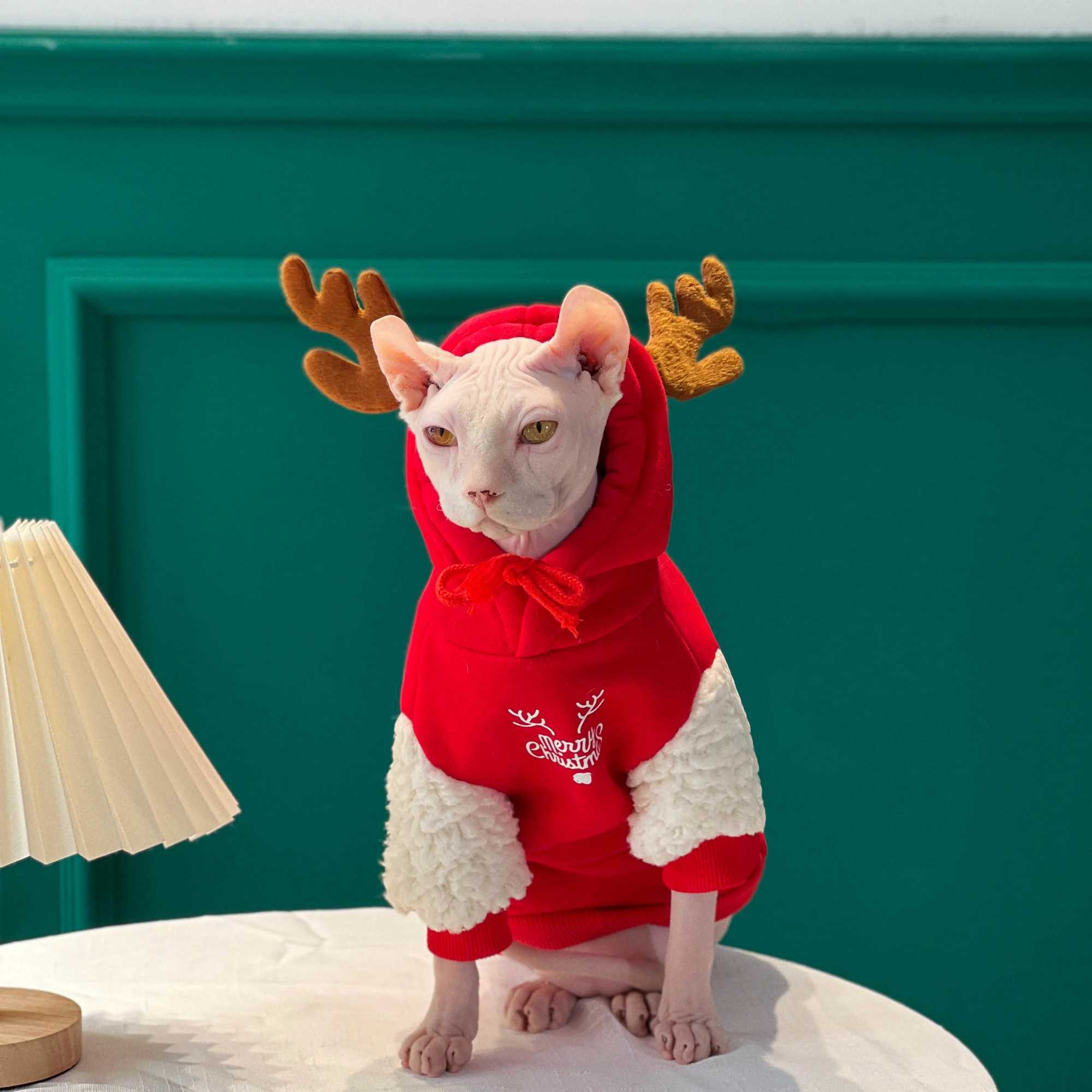 New Christmas Snow Clothes with Antler Hat for Sphynx Cat Warm Sweater for Hairless Cat Winter Coat Fleece Jacket for Devon Rex C251009