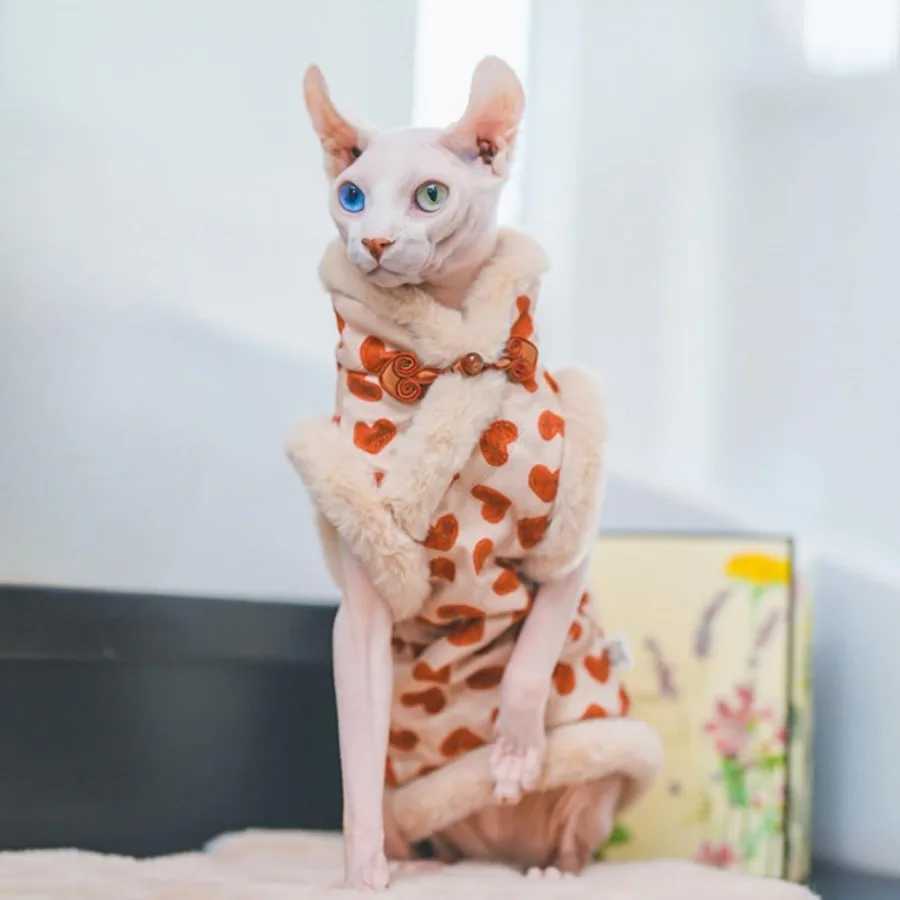 Faux Fur Sphynx Cat Clothes ChiPao Cotton Hairless Cat Cheongsam Shirts Cat Vest Pet Sweater Clothes Kitten Apparel for Slim Ca C251009