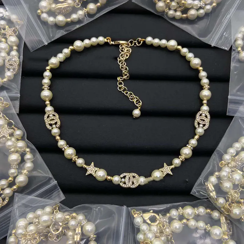 Pearl Inlaid Double C Necklace New Star Knit Clavicle Chain Grandma Style Pearlescent Choker