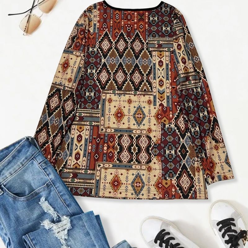 Women's Ethnic Style Geometric Print Long Sleeve Top - Vintage Coffee - Colored Milk Silk Casual Blouse-CF23350
