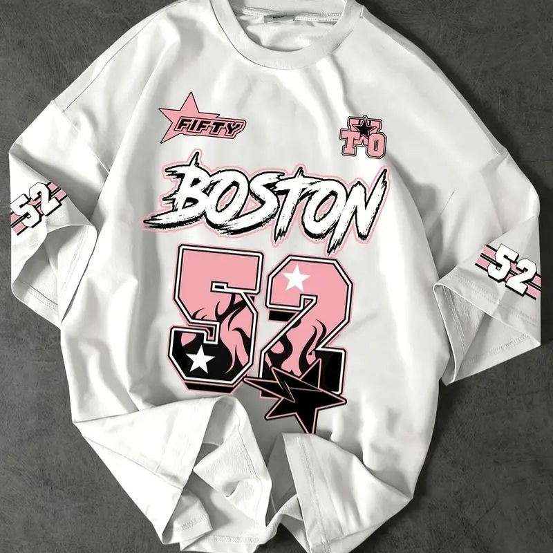 Men's Streetwear Boston "52" Graphic Oversized T-Shirt - Casual Urban Fashion Tee-29