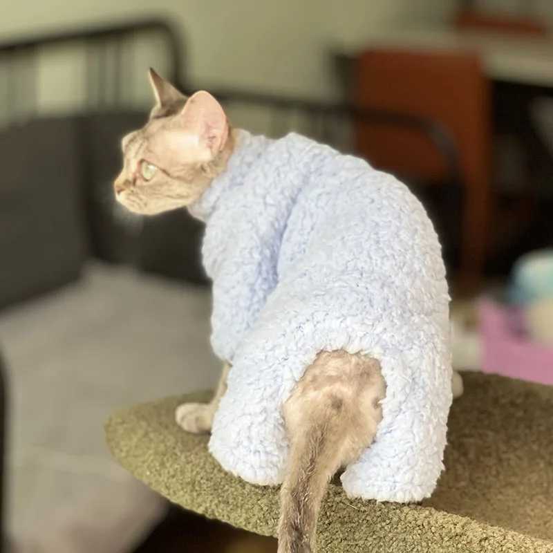 Thick Grey Fleece Coat for Sphynx Cat Warm Sweatshirt 4legged Jumpsuit for Kittens Soft Loungewear for Devon Rex Sweater C251009