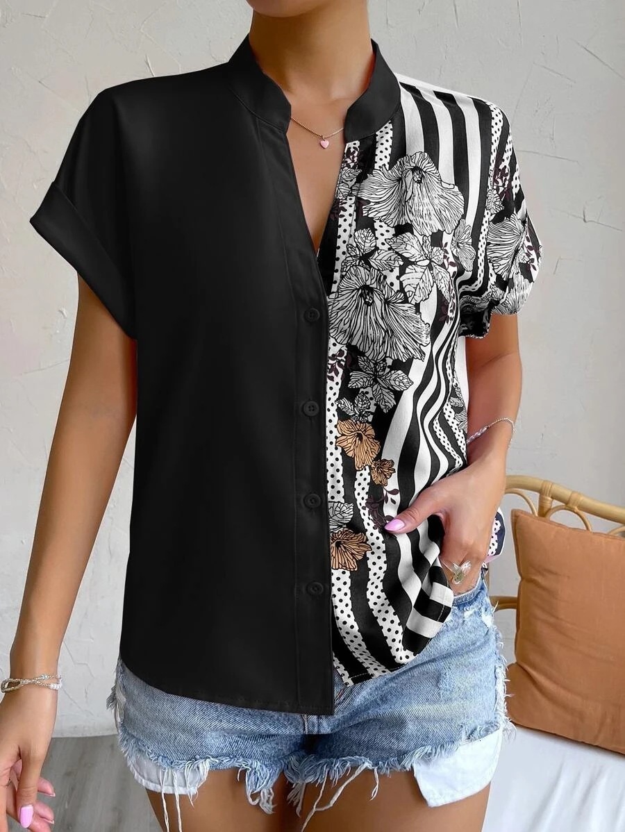2025 Womens Summer Double Color Block Floral Button Cardigan Short Sleeve Shirt 250314