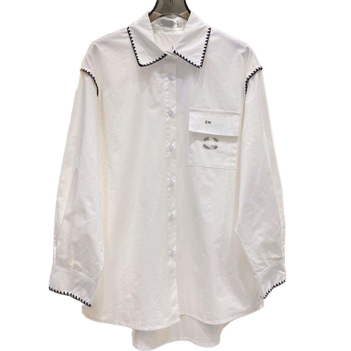 Women logo letter embroidery turn down collar long sleeve cotton fabric shirt designer color block blouse SML