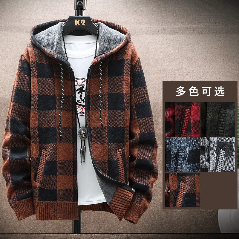 Mens Winter Plaid Sweater Hooded Cardigan Cold Coat Wool Zipper Jacket Autumn Fleece Warm Clothes Checkered Knit Jumper 2501008