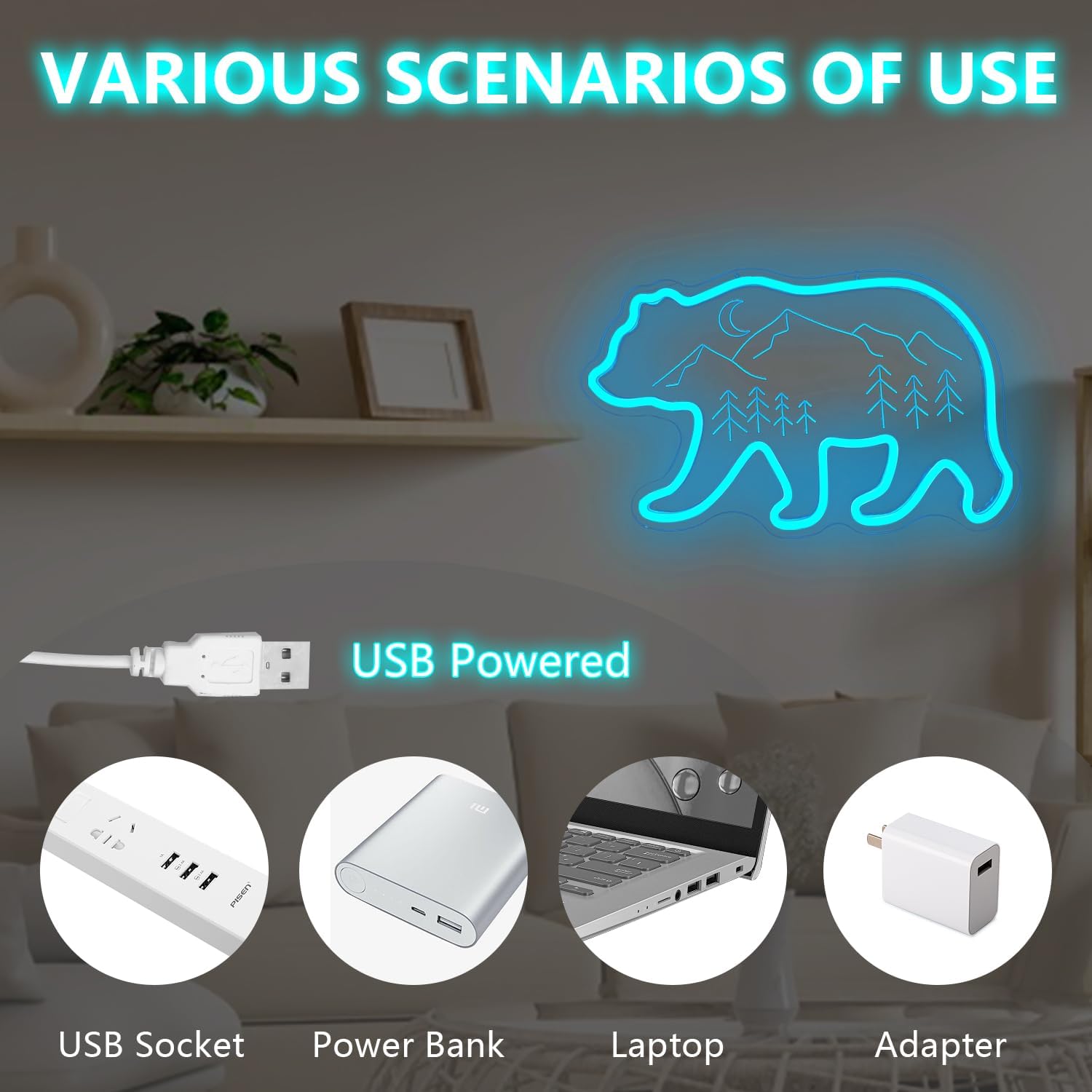 Grizzly Bear Neon office living room Mountain view Wall decoration Forest animal decoration